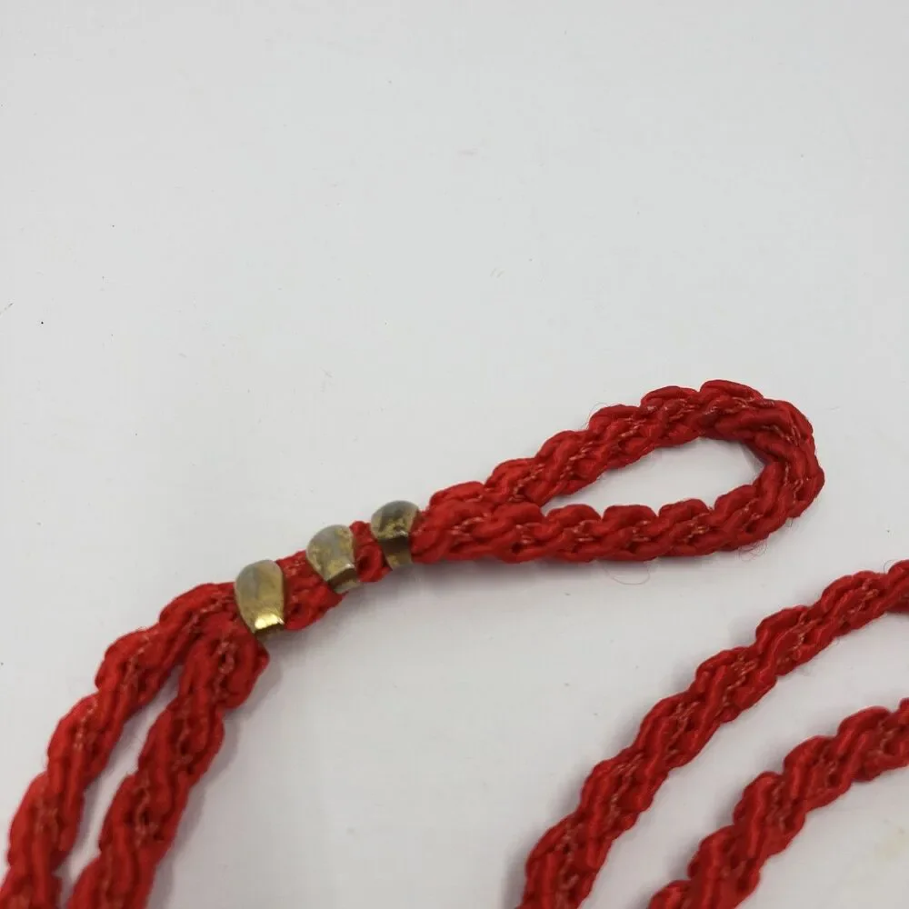 Vintage Cloisonne Butterfly Belt Red Braided Cord Passamenterie Sash Adjustable